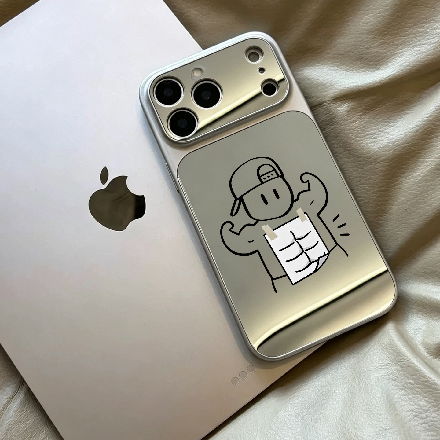 韩国博主ins简笔秀肌肉适用iPhone17pro苹果16手机壳15promax镜面14少女补妆13大视窗12皮纹11高级小众保护套