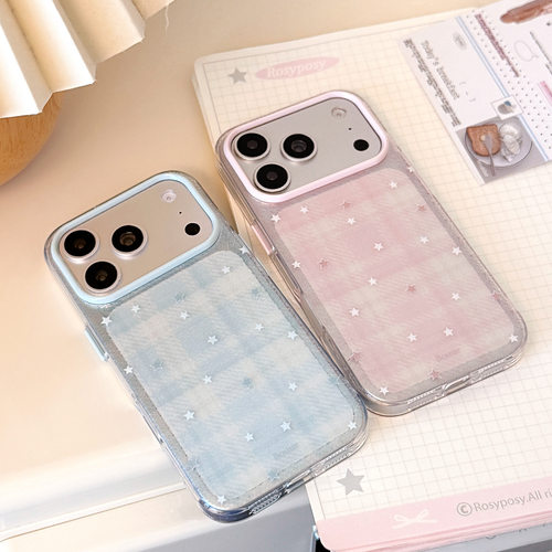 网红ins韩系个性晕染格纹星星适用iPhone17pro包相机健手机壳16PM新款苹果18promax透明防摔15少女14保护套13