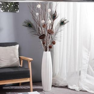 孔雀羽毛插瓶陶瓷落地高花瓶摆件大号客厅干花插花家居白色现代简