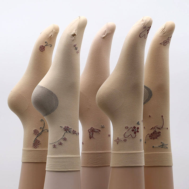 10双丝袜女薄款中老年中筒提花带跟肤色夏天妈妈短袜女脚后跟袜子