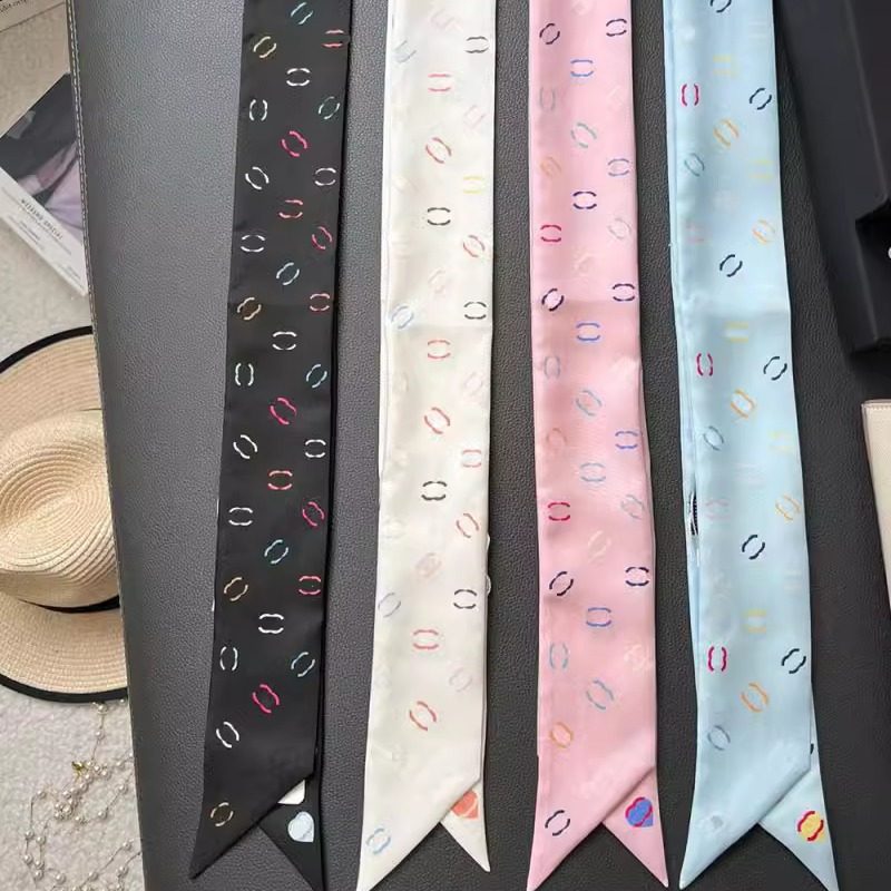 高货100%真丝小香风格长条细围巾窄绑包包带装饰飘系脖束发带双C