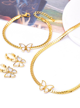 韩版刀片链贝壳蝴蝶锁骨链防水防汗女生手链短款耳环金色套装项链