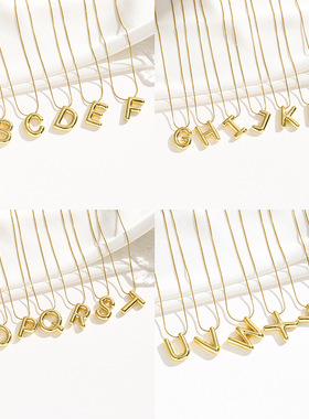 钛钢26个英文字母项链女不掉色简约气球泡泡光面字母吊坠锁骨链.