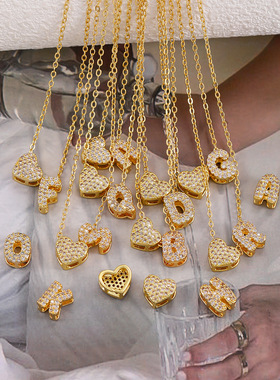 欧美跨境DIY个性制定英文名字母爱心项链锆石字母吊坠锁骨链