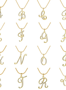 欧美跨境26个字母铜镶锆石圆蛇链项链 字母金色吊坠 创意简约字母