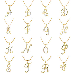 欧美跨境26个字母铜镶锆石圆蛇链项链 字母金色吊坠 创意简约字母