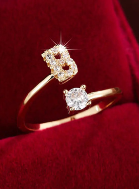 TEMU热销26个英文字母微镶锆石时尚女士戒指 铜镀14K开口素圈现货