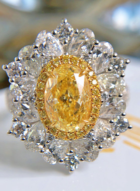 新款高级定制克拉大鸽子蛋戒指 豪镶进口合成阿斯切黄钻彩宝饰品