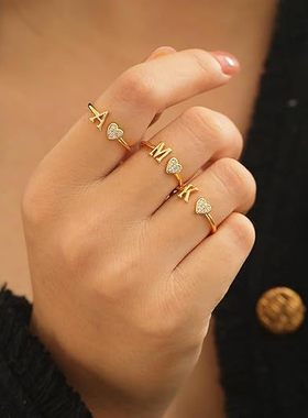 跨境心形饰品微镶锆石26字母戒指你的名字指环个性素圈开口食指