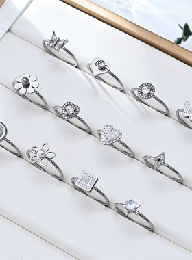 跨境女士不掉色开口戒指可调蝴蝶珍珠锆石不锈钢小众轻奢指环