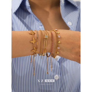 欧美跨境爆款锆石手链轻奢高级感蝴蝶花朵吊坠手链不锈钢手饰品女