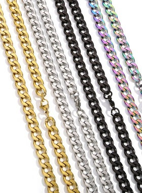 3mm/4mm/5mm/7mm/9mm不锈钢NK古巴项链电镀金色钢色几何元素