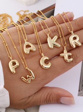 跨境亚马逊热卖铜镀18k真金26个英文字母吊坠项链可爱嘻哈锁骨链