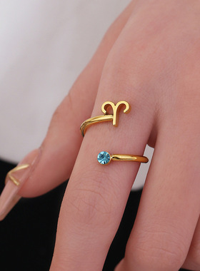 欧美跨境ins风十二星座戒指 12符号不锈钢锆石18K镀金开口可调节