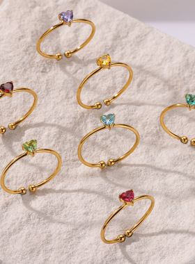 欧美轻奢爆款12色生日石诞辰石桃心锆石戒指不锈钢18K镀金戒女