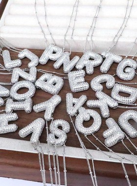 欧美跨境热卖银色气球泡泡胖乎乎26字母项链镂空铜镀白金吊坠