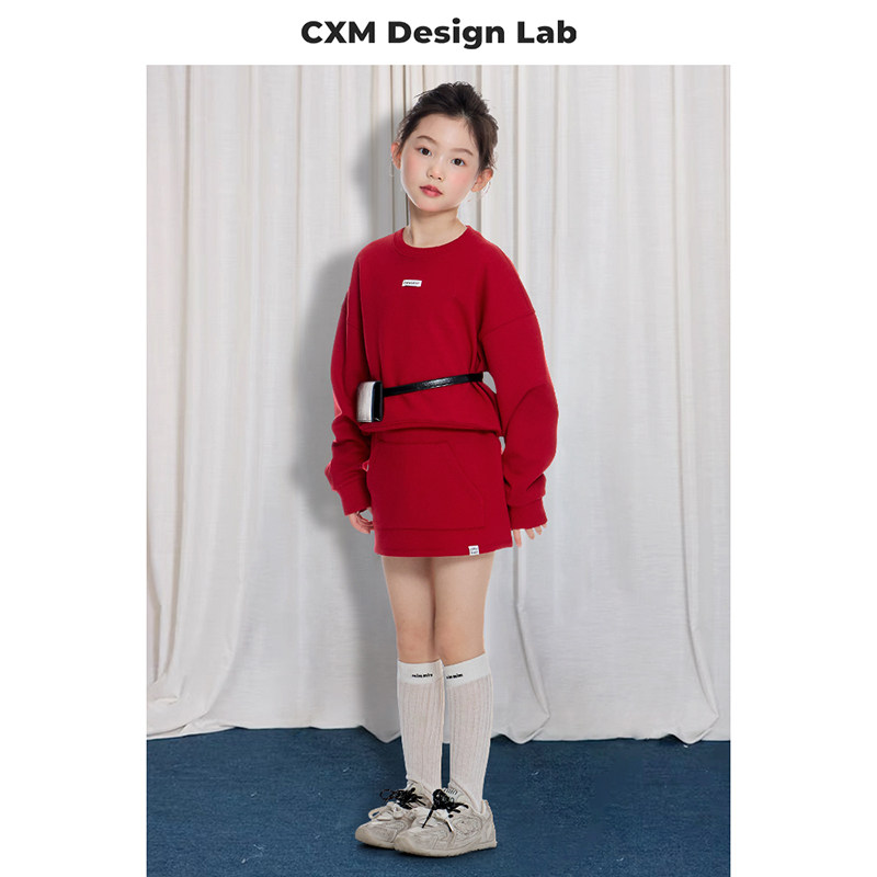 女童卫衣套装2025秋季新款儿童红色宽松卫衣半裙运动休闲两件套