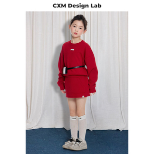 女童卫衣套装2025秋季新款儿童红色宽松卫衣半裙运动休闲两件套