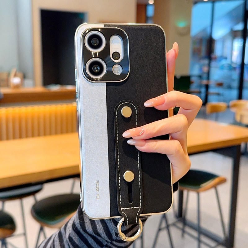 轻奢腕带指扣适用OPPOReno14手机壳电镀皮纹拼色Reno14Pro保护套全包防摔软边Reno14高级拼接简约ins风