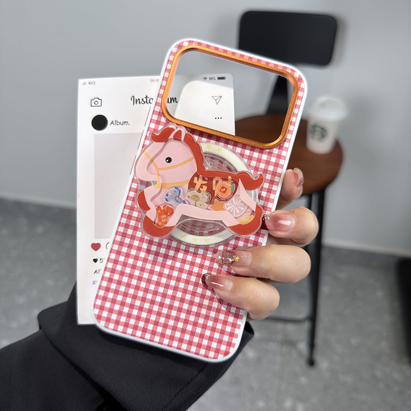 马年高级磁吸适用红米k90手机壳红格纹k90promax保护套皮纹防摔k90promax冠军版软边创意磁吸红色发财马支架