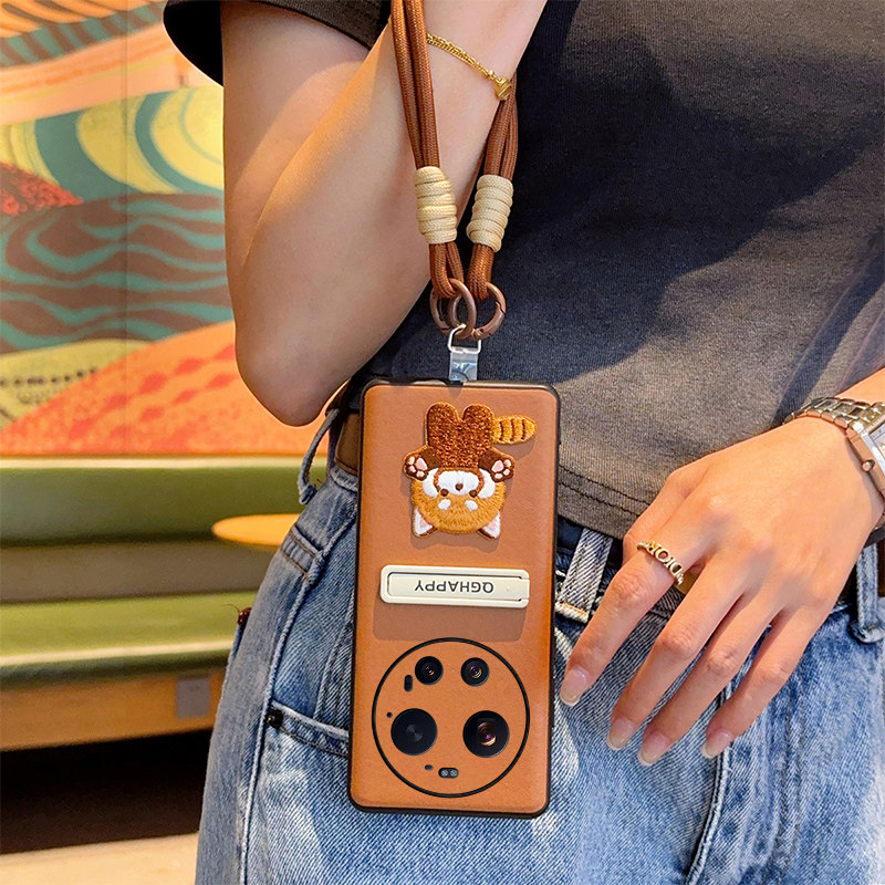 适用小米17Ultra手机壳皮纹高级感棕17ultra徕卡版保护套全包高级棕色手提绳15ultra硅胶软边支架刺绣猫咪