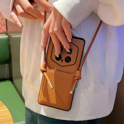 高级感棕色适用荣耀Magic7RSR保时捷设计手机壳防摔皮纹轻奢Magic7RSR保护壳皮质简约斜挎挂绳卡包网红ins风