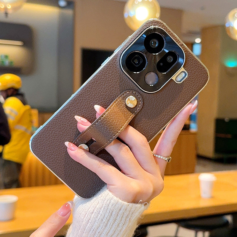 高级咖色腕带适用oppofindx9手机壳电镀皮纹findx9Pro保护套全包防摔高档findx9高档网红手腕带ins女款