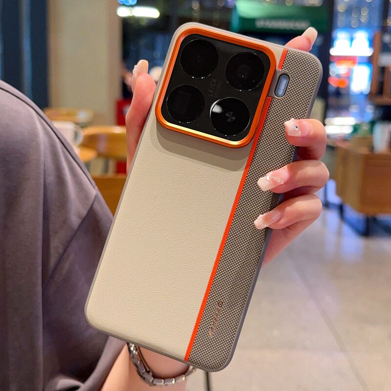 高级金甲拼色适用于小米15手机壳皮纹简约小米15Pro保护套全包防摔硅胶软边小米14高档橙色金属镜头小米14Pro