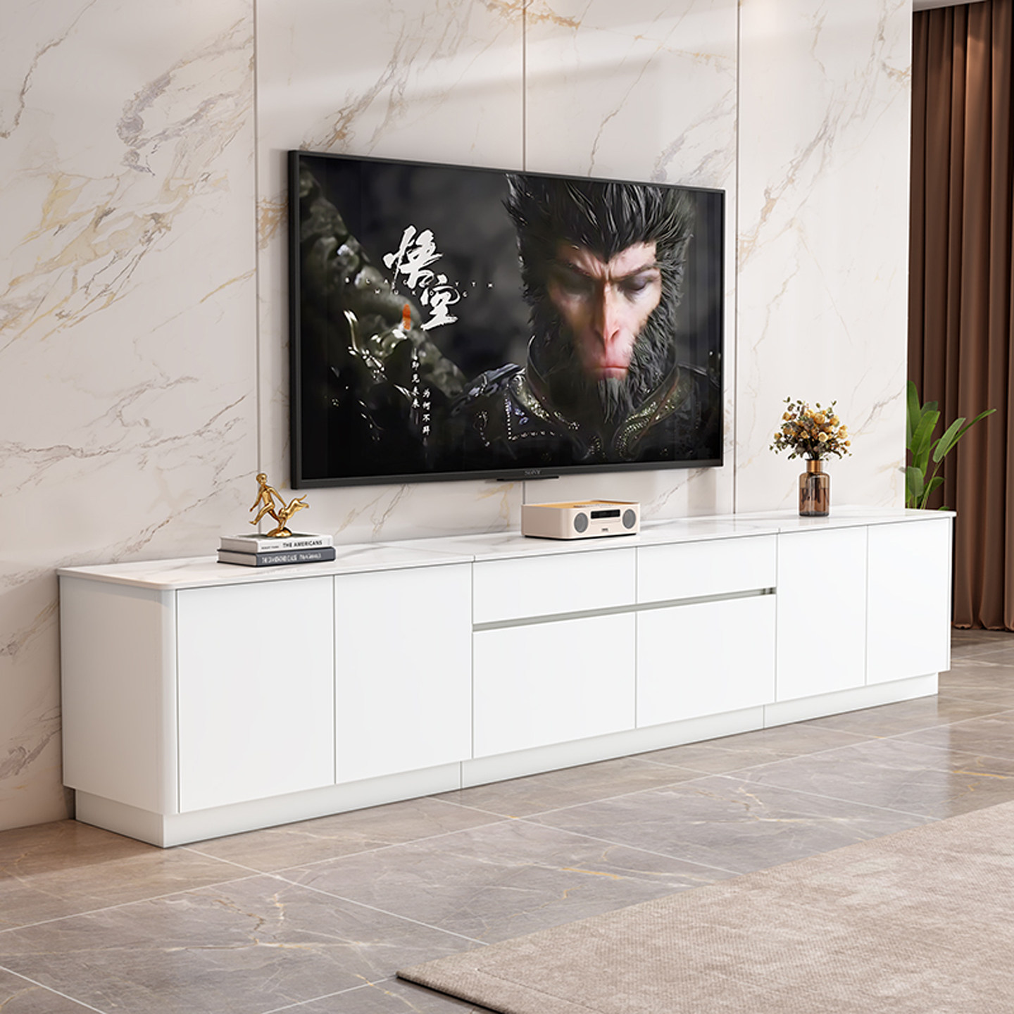 实木电视柜现代简约落地一体岩板储物柜可定制小户型轻奢电视机柜