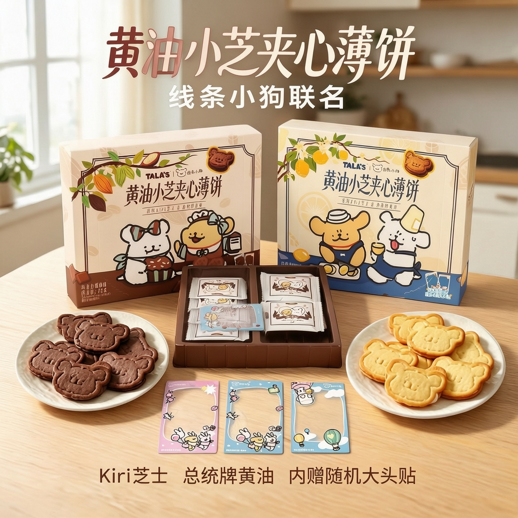 添乐线条小狗黄油小芝夹心薄饼巧克力青柠味饼干儿童休闲零食小吃