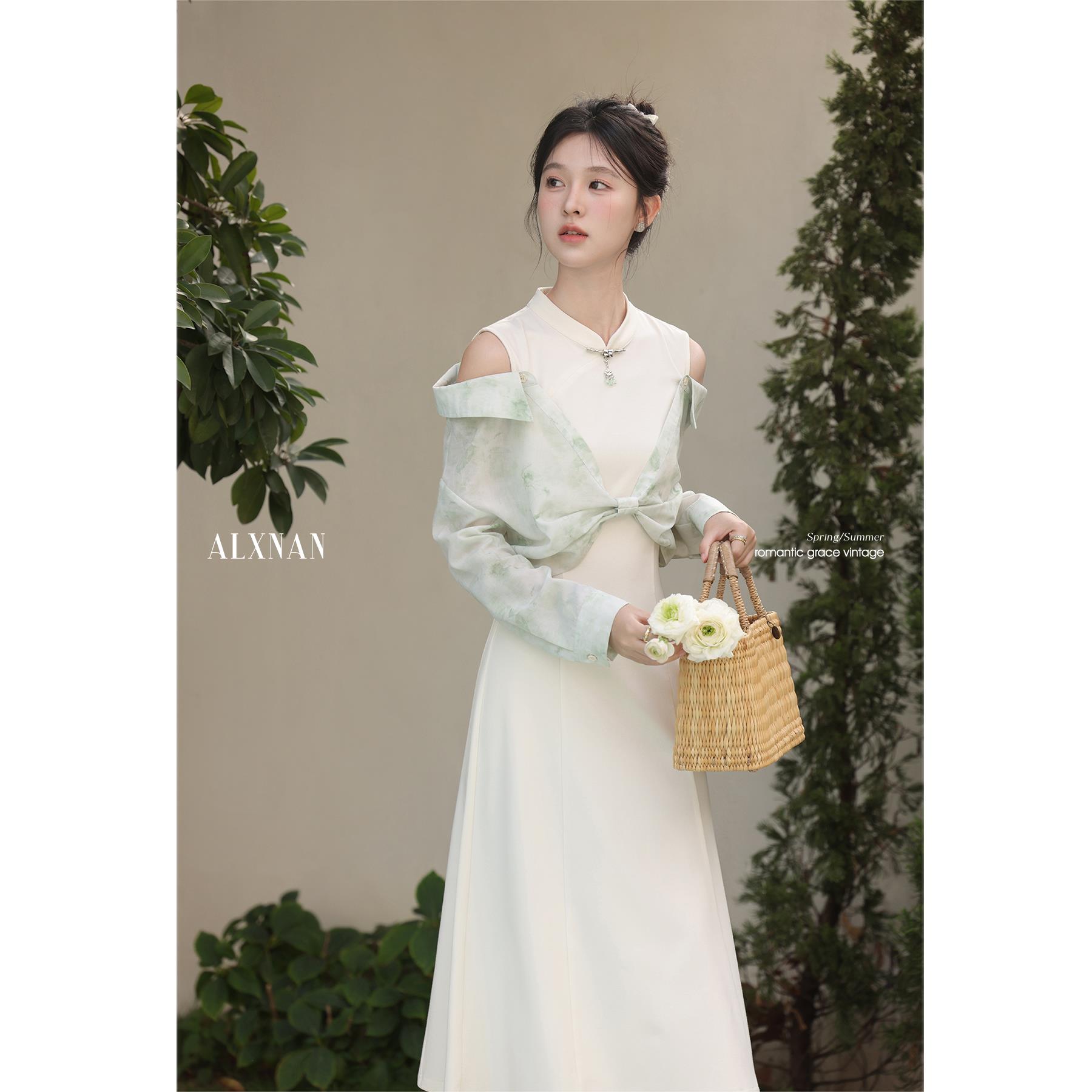 鹿向南「莫奈花园」新中式国风假两件拼接连衣裙女夏杏色气质长裙