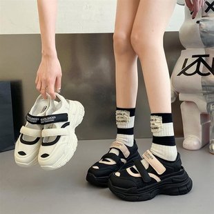 夏季 老爹鞋 女2025年新款 网面透气镂空魔术贴包头厚底增高运动凉鞋