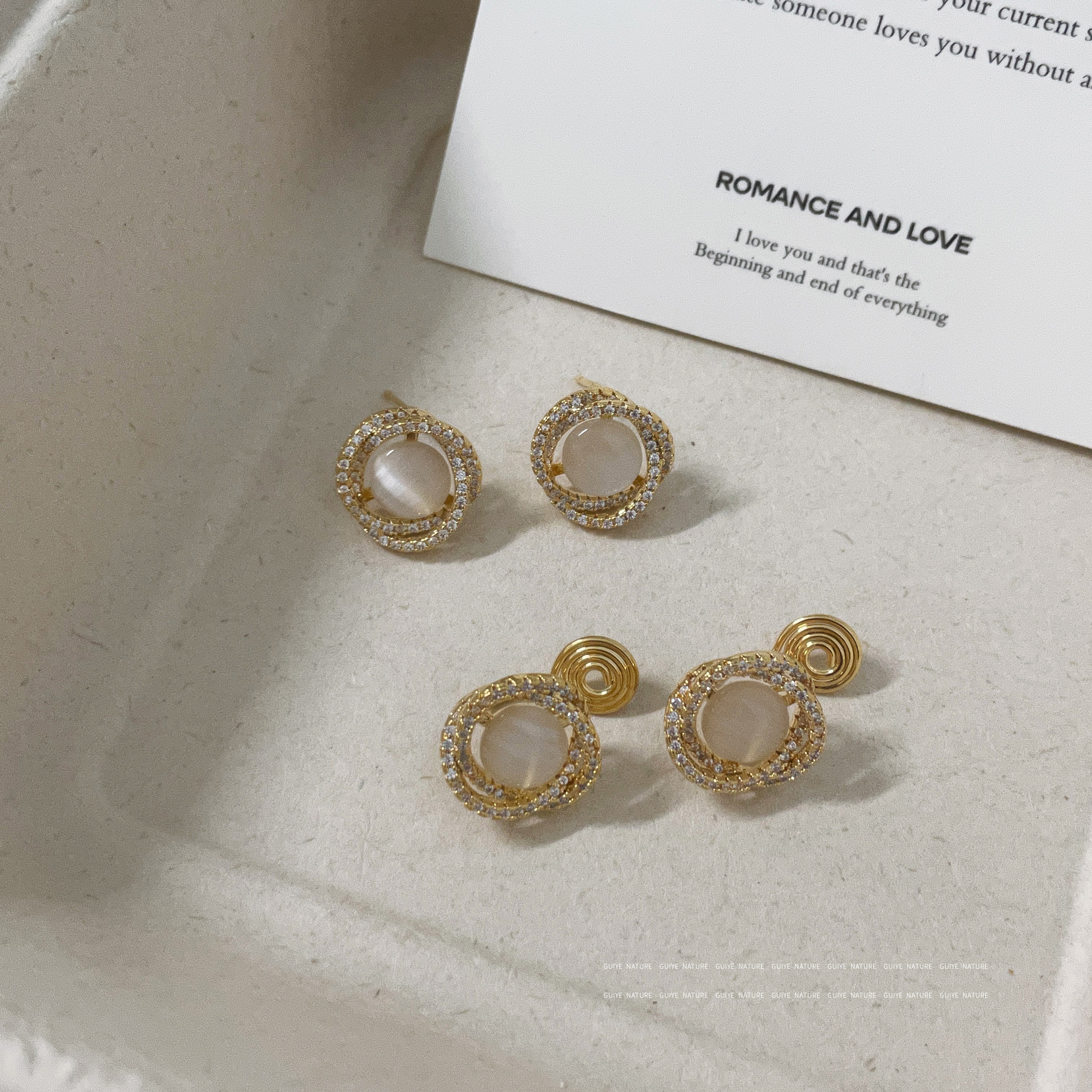 金色高级感猫眼石耳钉耳夹女