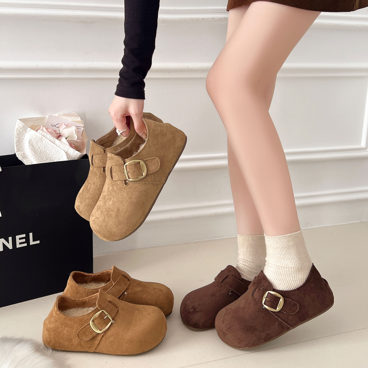 秋冬覆古加绒勃肯鞋女2025年新款厚底内增高百搭火毛绒博肯1125z