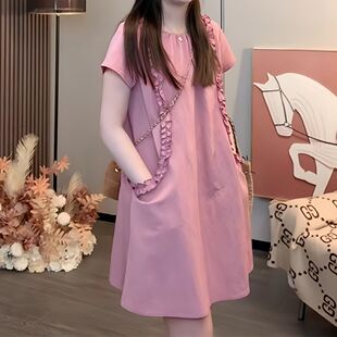 百搭纯色裙子夏季 5叶松气瘦连衣袖 新202荷裙子宽质显裙女 款 网红款