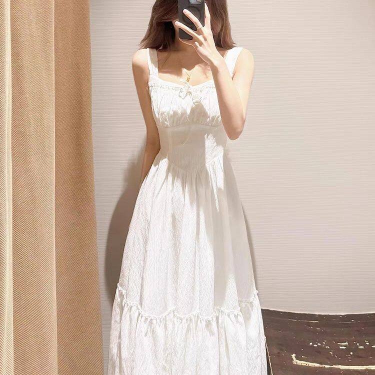 网红款式子02甜美新裙假夏季长法小个25款温柔吊带白色连衣度初恋