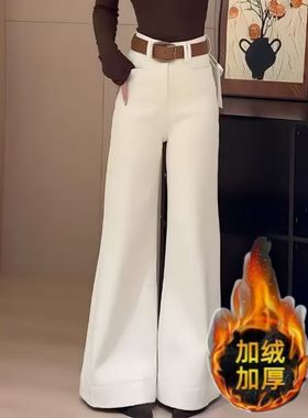 网红款搭白色叭25裤款高腰显休加绒百喇裤02牛仔新瘦宽松闲喇叭拖