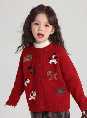 网红款女拜针衫22儿加红色卡通外上衣童年织开04新款童厚毛衣新年