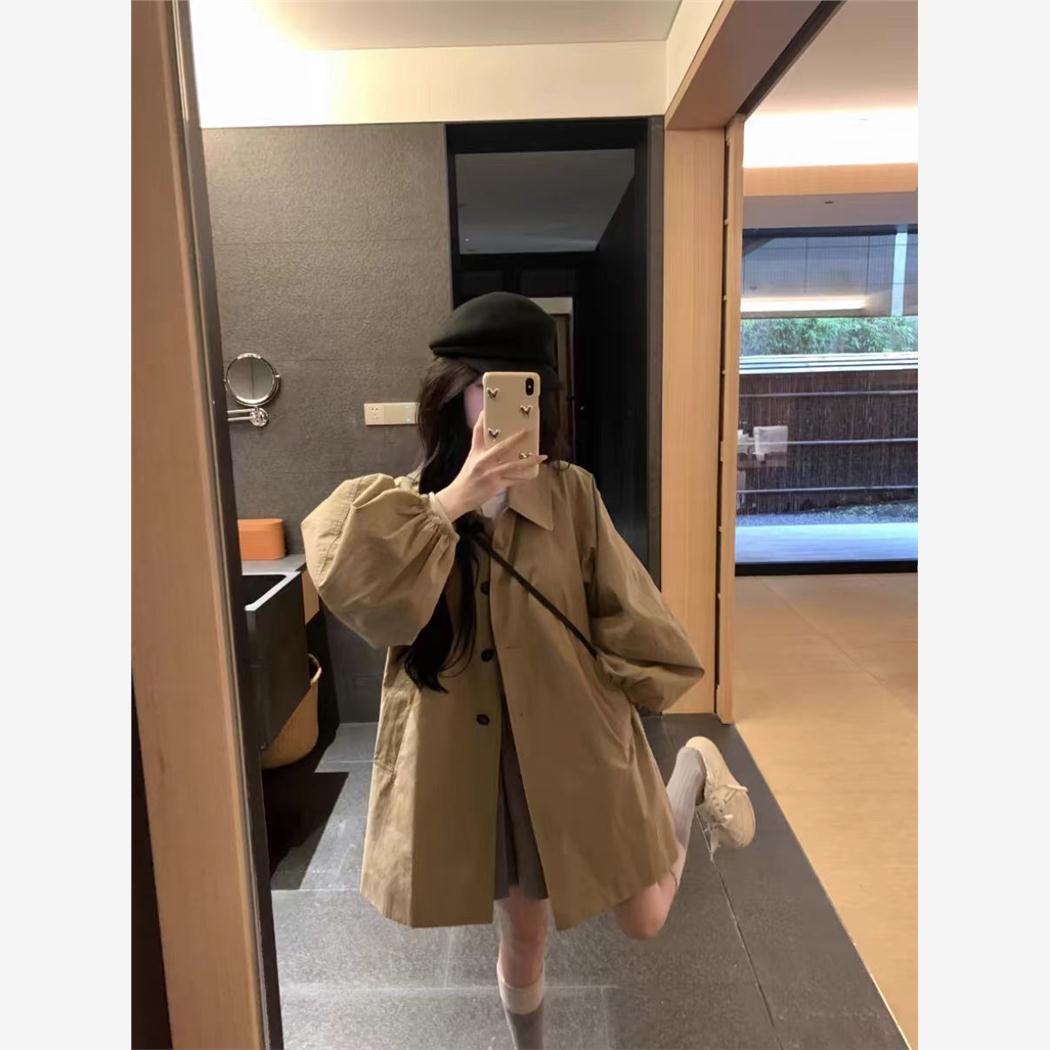 超火的卡其色灯笼袖风衣外套女2025春秋新款宽松小个子休闲中长款