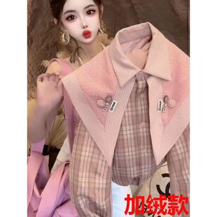 025秋款 加衬衫 拼接条纹领披设 2冬新复古格纹翻洋气肩休短款 网红款