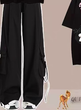 小红书推荐工装裤男女套装2025夏季新款蝴蝶印花短袖T恤+高街hiph