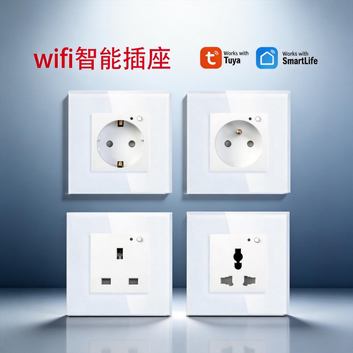 Wifi涂鸦欧规法规英规万用智能插座玻璃面板100-240V 16A墙插座