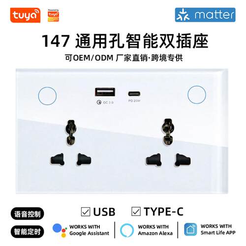 Matter通用规双联墙壁插座带USB+C钢化玻璃直连Homekit直销