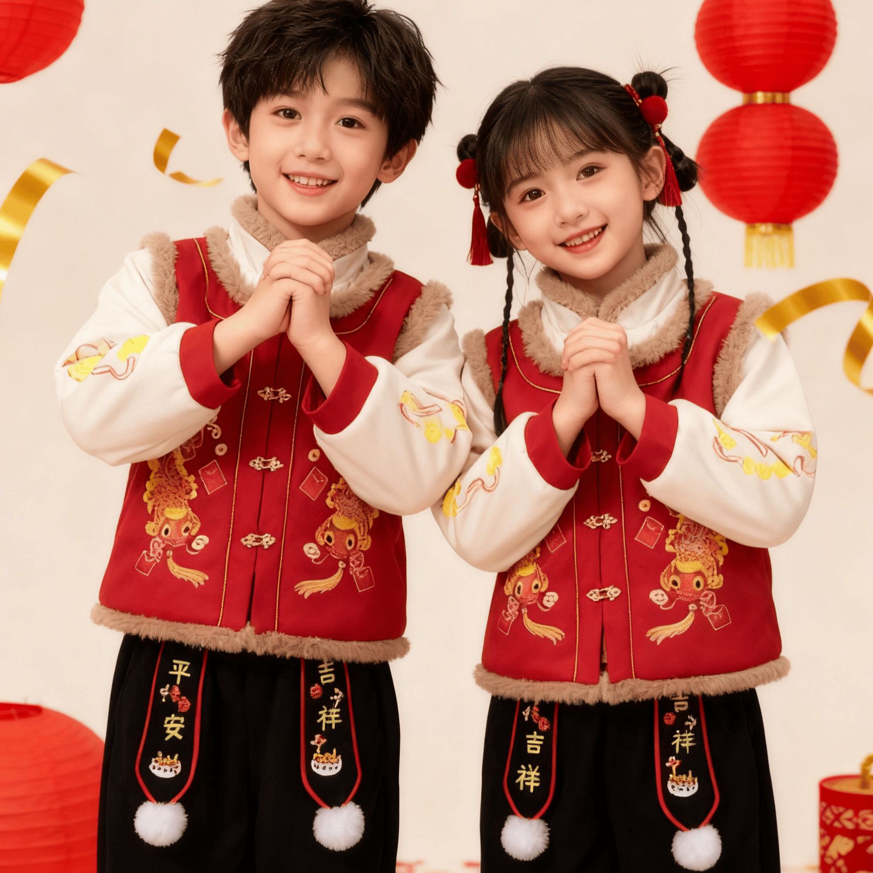 元旦儿童喜庆演出服男女童拜年服幼儿园舞蹈表演服装中国风开门红