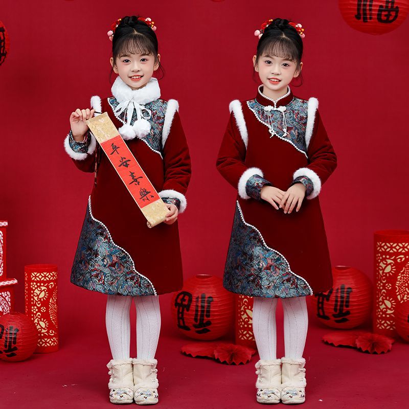 2024女童红色加厚连衣裙冬季唐装新中式汉服拜年服古装中国风旗袍