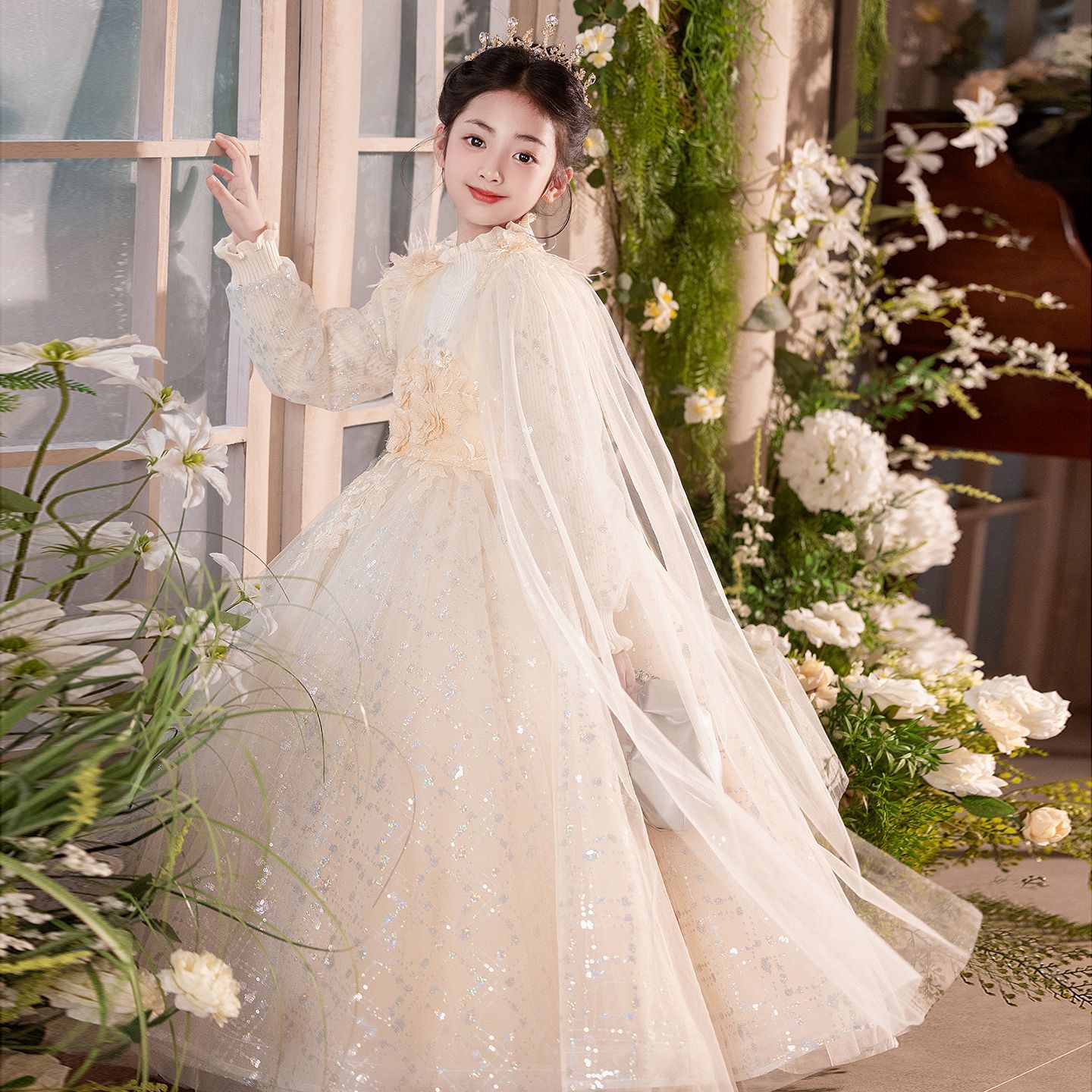 女童礼服裙秋冬高级感加绒洋气公主裙儿童花童婚礼主持钢琴表演服