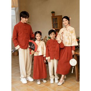 新中式亲子装秋冬新款国风套装古风汉服母女装全家福拜年服表演服