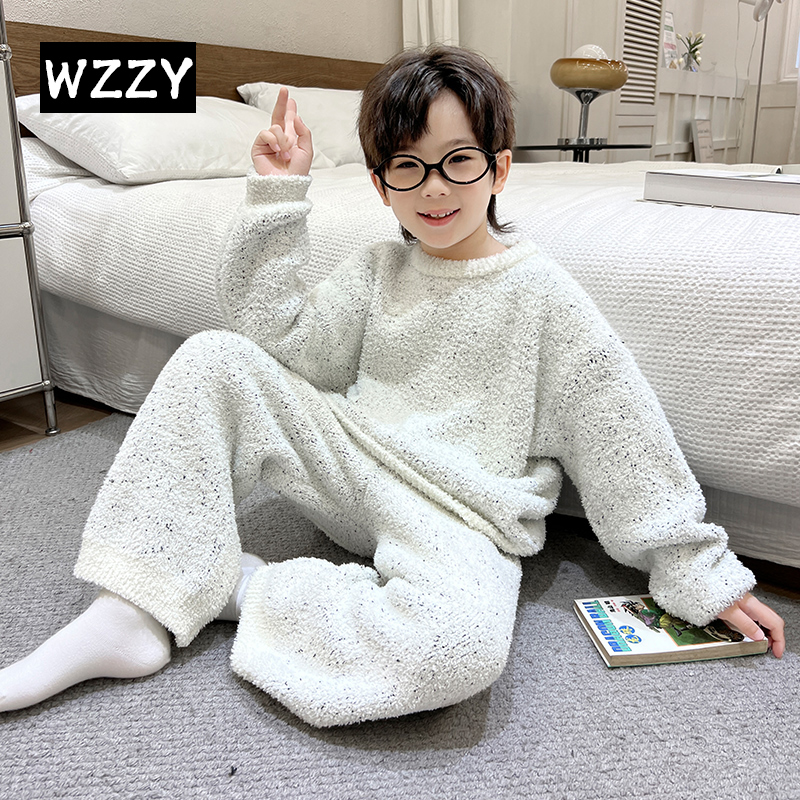 王子童装男童珊瑚绒睡衣套装秋冬款儿童冬季加厚保暖半边绒家居服