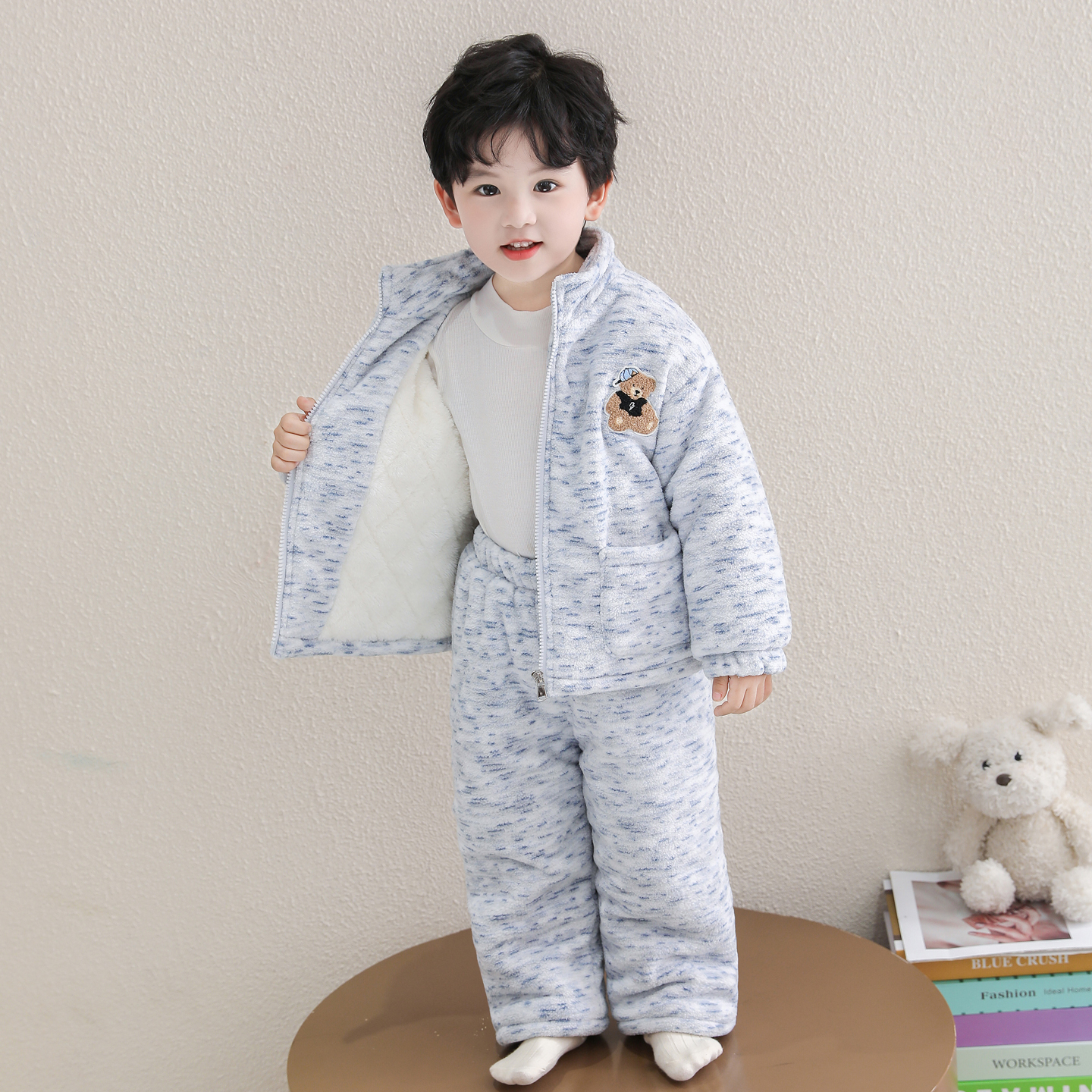 儿童珊瑚绒睡衣男童冬季保暖加绒男宝宝法兰绒套装棉衣男孩家居服
