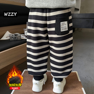 男童加绒裤子2025新款冬季儿童一体绒卫裤洋气男宝条纹保暖休闲裤